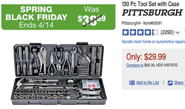 Harbor Freight 130-piece toolkit for $29.99
